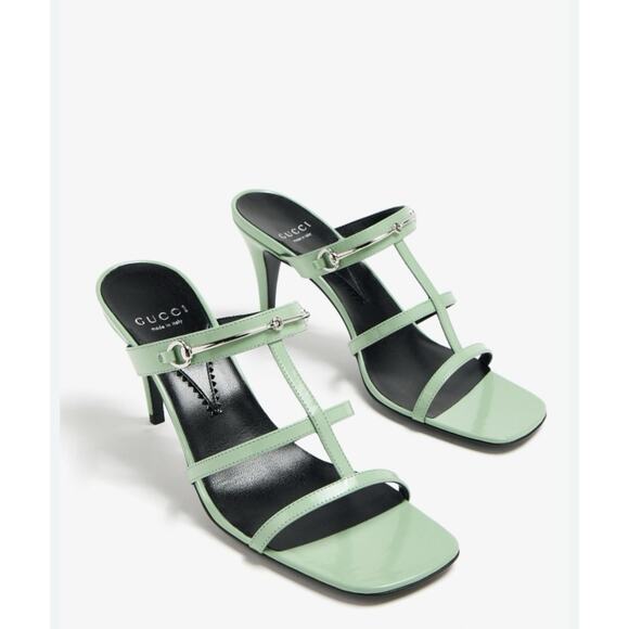 Gucci Regent Slim Horsebit 38/ US 8 Heel Sandals Pacific Green Leather NIB $990 - Picture 6 of 13